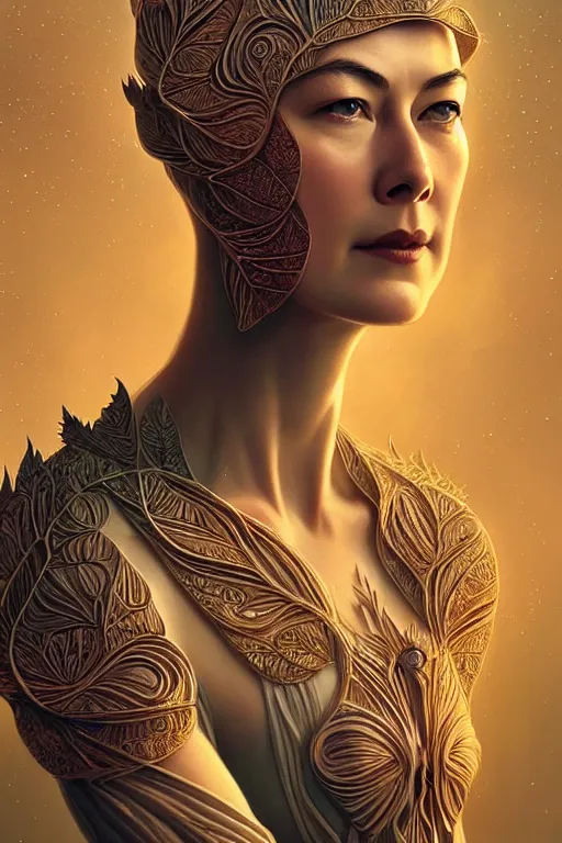 Prompt: young rosamund pike portrait, art deco, fantasy, intricate art deco leaf designs, elegant, highly detailed fractals, sharp focus, art by artgerm and beeple and greg rutkowski and wlop