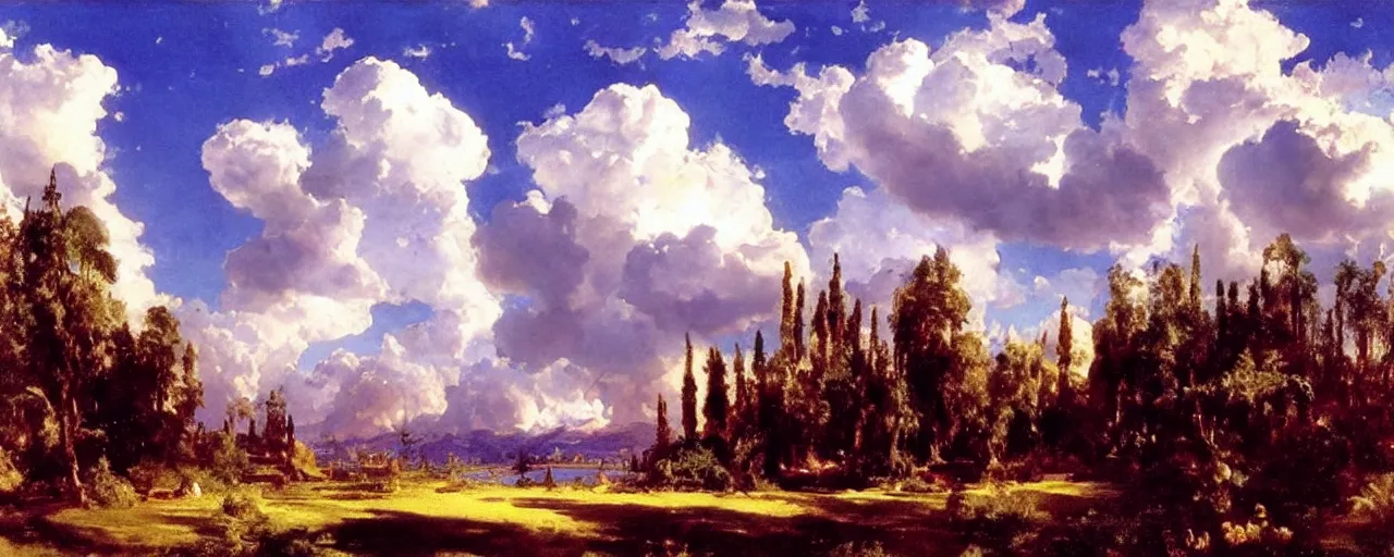 Prompt: disney illustrated background of blue sky huge clouds by eugene von guerard, ivan shishkin, john singer sargent