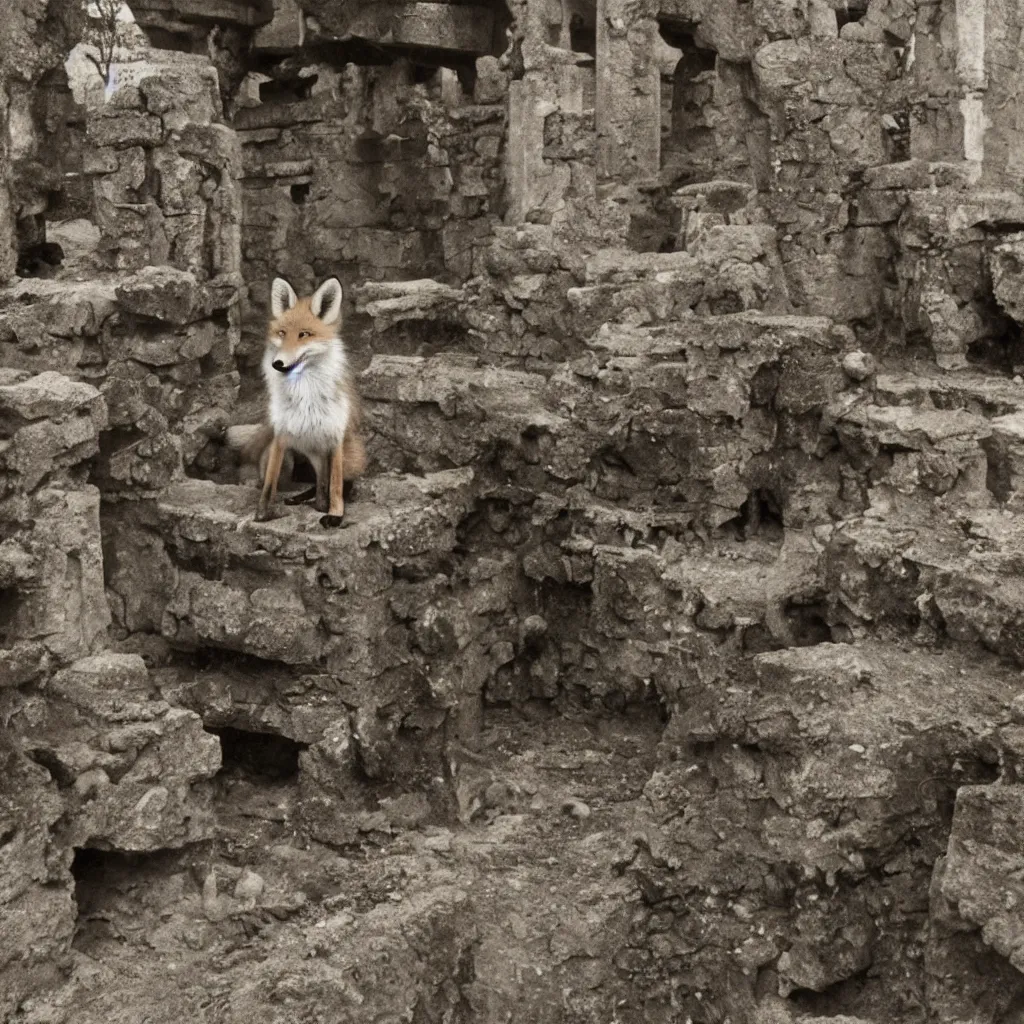 Image similar to anthropomorphic fox explores ancestral ruins, 1 9 3 0 s film still