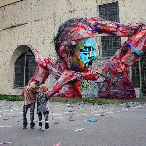 Image similar to a street art of thread knot connecting brother and sister by artur bordalo