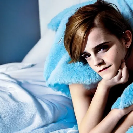 Image similar to emma watson waiting for you in bed at night while smiling shyly, messy hair bedhead, very sleepy and shy, bare shoulders, comforting, covered by little blue nighty, dim cool lighting