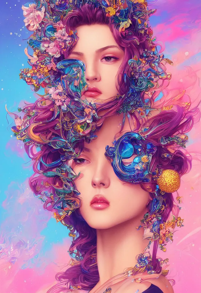 Image similar to beautiful, young woman, detailed gorgeous face, vaporwave aesthetic, synthwave, colorful, psychedelic, water droplets, feathers, crown, artstation, concept art, smooth, extremely sharp detail, finely tuned detail, ultra high definition, 8 k, unreal engine 5, ultra sharp focus, illustration, art by artgerm and greg rutkowski and alphonse mucha