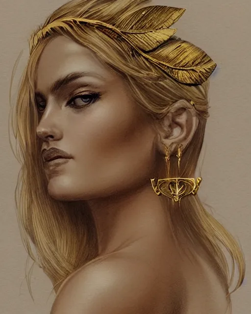 Image similar to tattoo design sketch of hot blonde super model as aphrodite greek goddess wearing a gold laurel wreath and triangle earrings, beautiful piercing gaze with sharp pupils, in the style of greg rutkowski, fantasy, amazing detail, epic, elegant, smooth, sharp focus, front view