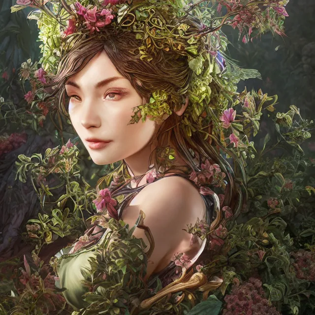 Image similar to the portrait of chaotic good female druid botanist as absurdly beautiful, gorgeous, elegant, young gravure idol, an ultrafine hyperdetailed illustration by kim jung gi, irakli nadar, intricate linework, sharp focus, bright colors, octopath traveler, final fantasy, unreal engine 5 highly rendered, global illumination, radiant light, detailed and intricate environment