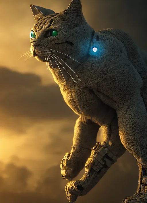 Prompt: giant cyborg cat on a dusky land, cinematic shot, intricate, ornate, photorealistic, ultra detailed, realistic, 1 0 0 mm, photography, octane, high definition, depth of field, bokeh, 8 k, artstation