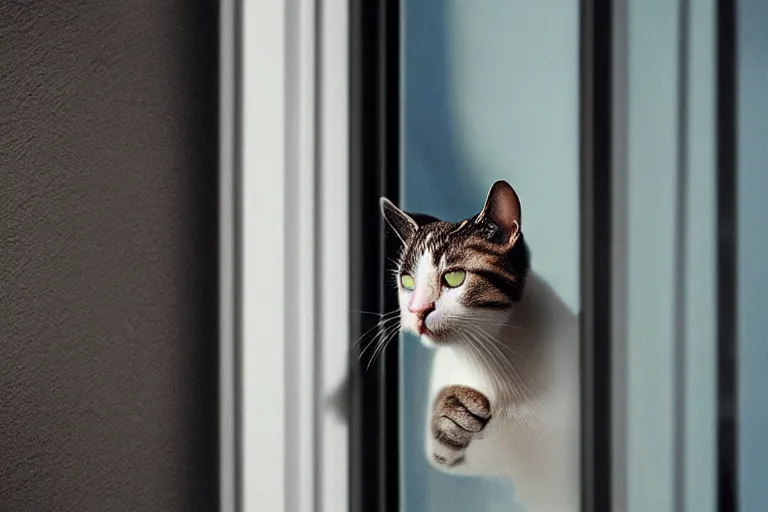 Prompt: vfx film closeup, cat on a window ledge, flat color profile low - key lighting award winning photography arri alexa cinematography, hyper real photorealistic cinematic, atmospheric cool colorgrade