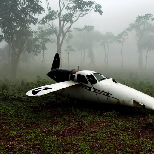 Prompt: beechcraft type 1 8 crash landed in a misty foggy jungle,