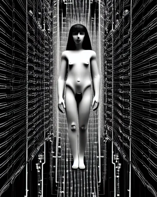 Image similar to black and white artistic photo, young female cyborg - plant goddess, microchip, artificial intelligence, bio - mechanical bio - luminescence, black wired cables, cinematic, rim light, photo - realistic, 8 k, in the style of dora maar and h. g. giger