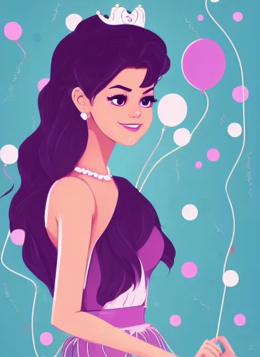 Image similar to woman resembling selena gomez dressed as a disney princess. balloons. clean cel shaded vector art. shutterstock. behance hd by lois van baarle, artgerm, helen huang, by makoto shinkai and ilya kuvshinov, rossdraws, illustration,