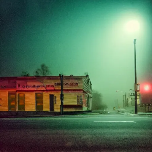 Image similar to A stunningly beautiful award-winning 8K high angle close up cinematic movie photograph of a spooky foggy empty lightless moonlit main intersection in an abandoned 1950s small town at night. perfect composition, shot from roofline, moody low key backlit. Color palette from Seven, greens yellows and reds. 2 point perspective, high angle from 15 feet off the ground. Octane render