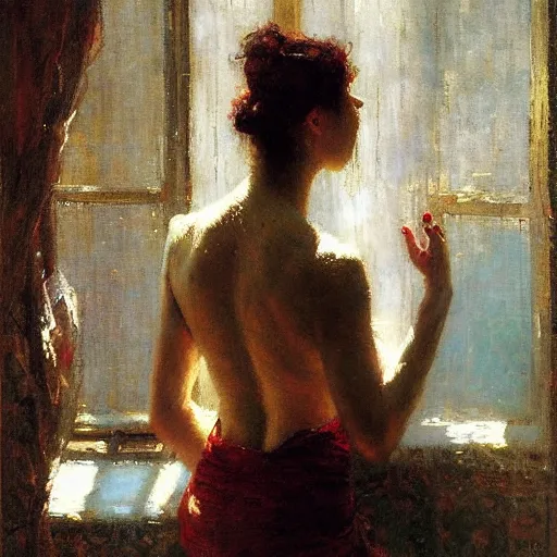 Image similar to portrait of a emotional dancer practicing alone, soft window light, long shadows, by gaston bussiere, jeremy mann.