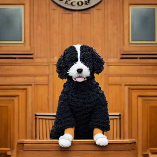 Image similar to a closeup photorealistic photograph of a cute smiling knitted bernedoodle judge dog dressed in a black gown, presiding over the courthouse. indoor image, professional capture, well lit shot. this 4 k hd image is trending on artstation, featured on behance, well - rendered, extra crisp, features intricate detail, epic composition and the style of unreal engine.