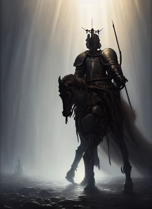 Image similar to portrait of a knight fighting god, intricate, elegant, profane, eerie lighting, mist, fog, god rays, catacombs made of blood, highly detailed, digital painting, artstation, concept art, smooth, sharp focus, illustration, art by wlop, mars ravelo and greg rutkowski