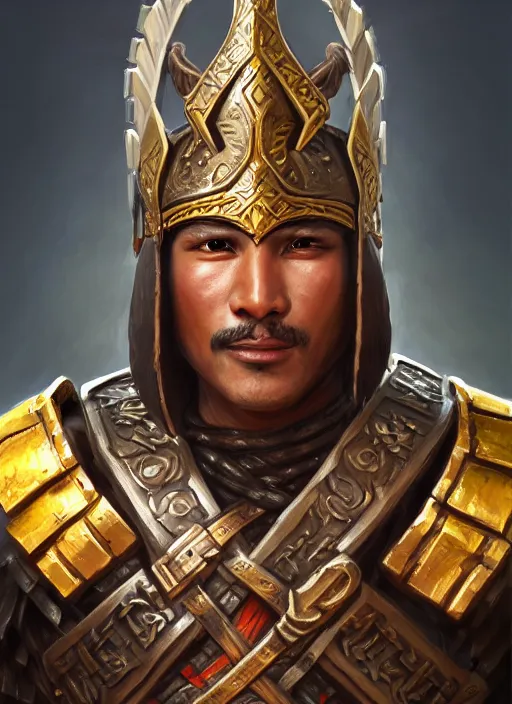 Prompt: smart breadtai warlord, closeup portrait, historical hero, ethnic group, tai costume, bronze headdress, intricate, with leather armor cross on chest, cotton textile, elegant, loin cloth, highly detailed, oil painting, artstation, concept art, matte, sharp focus, illustration, hearthstone, art by earl norem