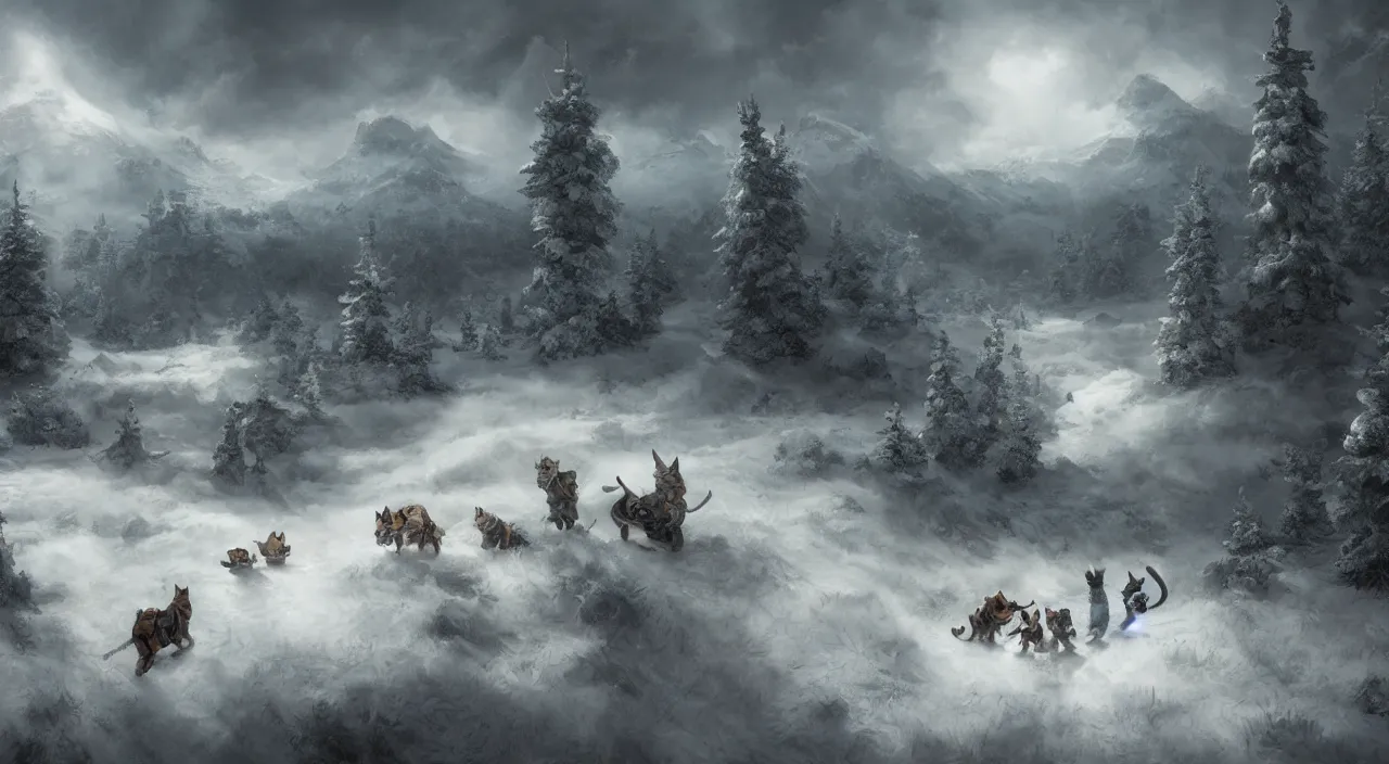 Prompt: portrait of anthropomorphic cat soldiers traveling in tundra between pine trees underneath big mountains with giant clouds, facing the camera, professional digital painting by rembrandt and akira toriyama, volumetric and cinematic lighting, d & d, artstation, extremely detailed 8 k