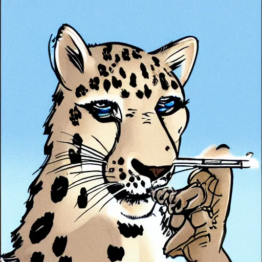 Image similar to Snow leopard smoking a spliff in his mouth, cartoon