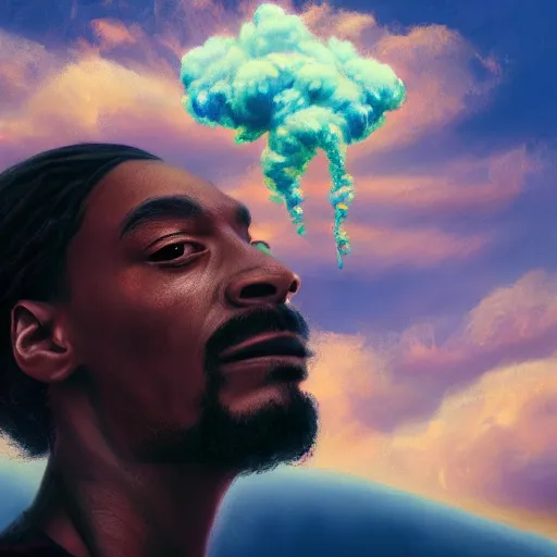 Prompt: colossal god snoop dog is smoking the clouds, highly detailed, digital painting, artstation, octane render, matte, sharp focus, impressionist painting