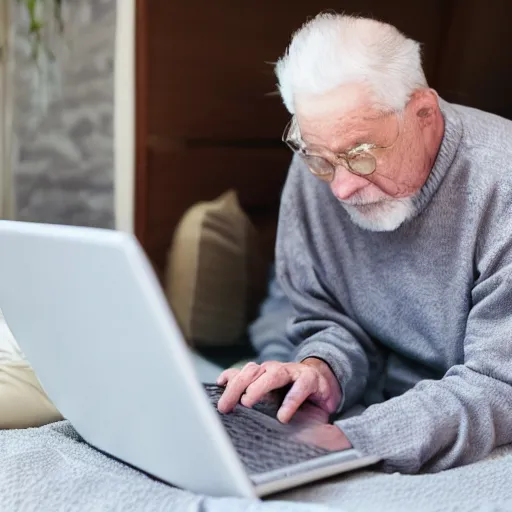 Image similar to casket with elderly man who is browsing internet on laptop from a casket