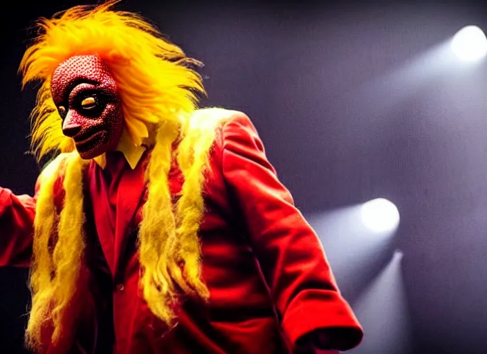 Prompt: publicity photo still of ronald mcdonald wearing a slipknot mask touring with slipknot live on stage, 8 k, live concert lighting, mid shot