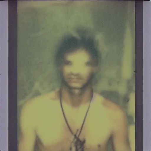 Prompt: glitchpunk damaged polaroid photo of a blurry man in a dark dystopian future