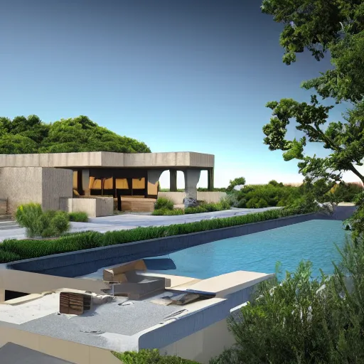 Prompt: architectural rendering of habitat 6 7 in the desert, biophilia style, pool, garden