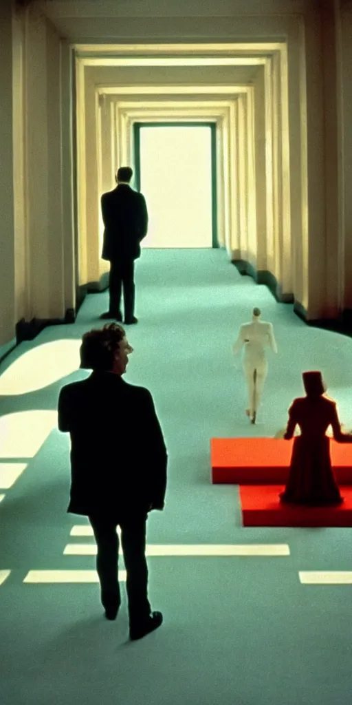 Image similar to single scene from a color film directed by stanley kubrick, two abstract people in frame, symmetry, leading lines, cinematic, kodak film, highly detailed ”