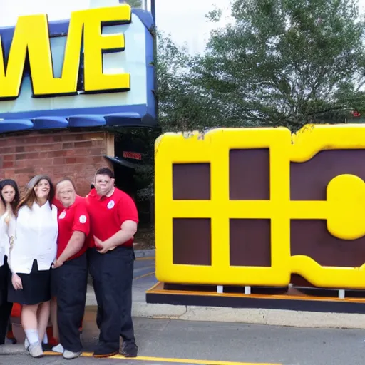 Image similar to wafflehouse employee's standing below wafflehouse sign