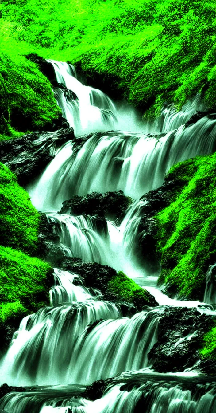 Prompt: realistic photo of waterfalls flowing from lush green mountains, very sharp focus, in the style of greg rutswoski, very hyper realistic, highly detailed, fantasy art station