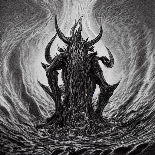 Prompt: full body grayscale drawing by Gustave Dore and Anato Finnstark of horned humanoid demon, engulfed in swirling flames