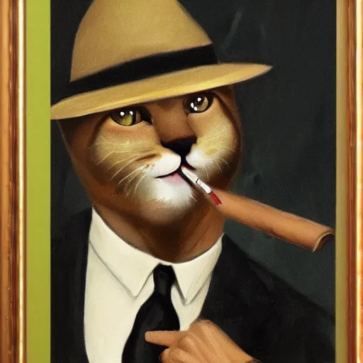 Prompt: cat in suit smoking cigar, portrait,