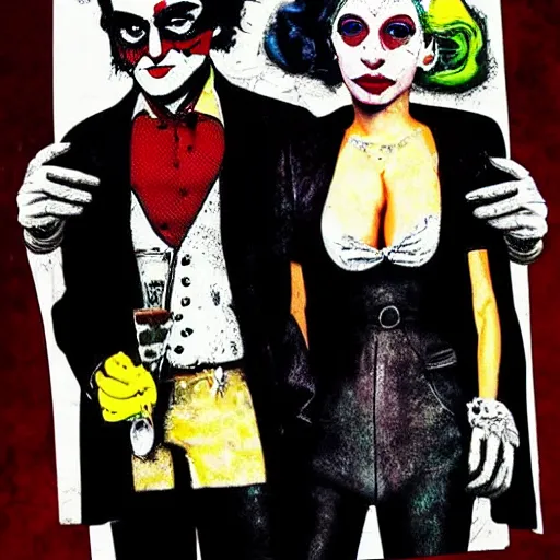 Image similar to mimmo rottela and banksy as joaquin phoenix skinny joker holding hand lady gaga harley queen, photorealistic, intricate details, pop art style, baroque, hyperdetailed