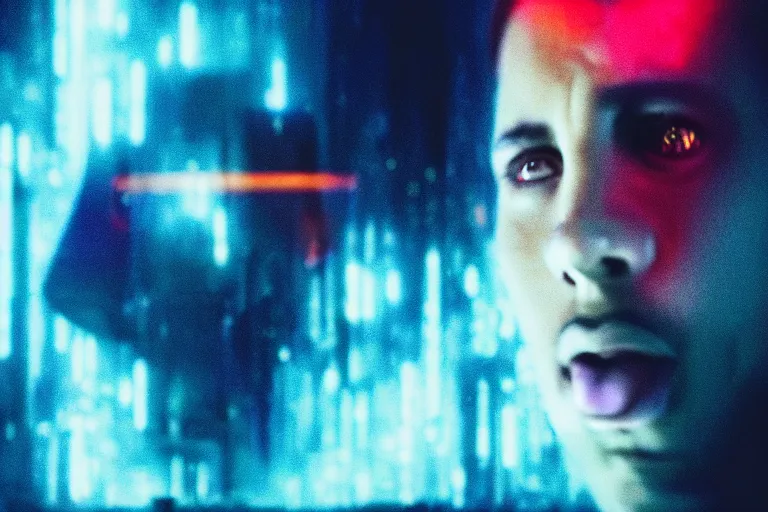 Prompt: a large digital hologram of a screaming face suspended in the air, photography by fred palacio medium full shot still from bladerunner 2 0 4 9, sci fi, bladerunner, canon eos r 3, f / 3, iso 2 0 0, 1 / 1 6 0 s, 8 k, raw, unedited