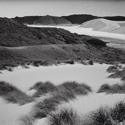 Prompt: sandtrails hokianga, spectacular land, sand and seascapes of the hokianga sand dunes & mitimit digital art, 1 9 6 0 s