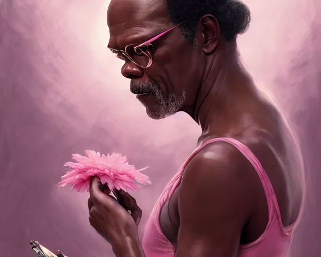 Prompt: photography of samuel l jackson in a pink ballerina outfit, deep focus, d & d and mtg, fantasy, intricate, elegant, highly detailed, digital painting, artstation, concept art, matte, sharp focus, illustration, hearthstone, art by artgerm and greg rutkowski and alphonse mucha