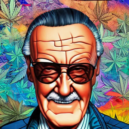 Image similar to profile picture of stan lee, weed, graffiti, hard edges, geometric 3 d shapes, stoned, og, trippy, asymmetrical, surreal, marijuana, 8 k, smoke, highly detailed masterpiece by sachin teng