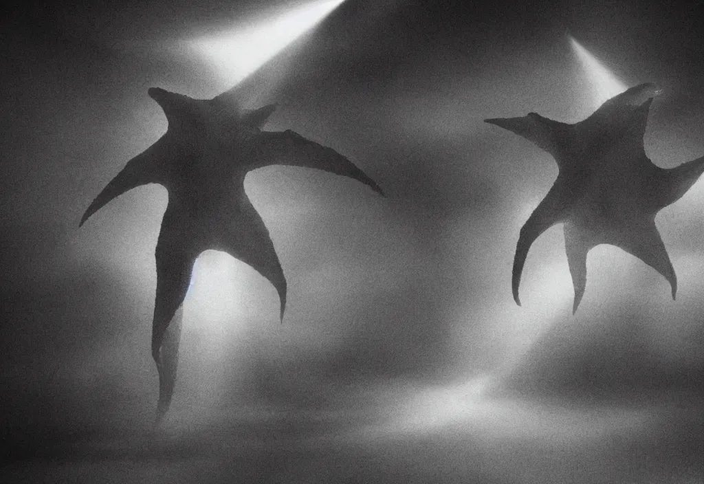 Image similar to light coming out of pulgasari the kaiju starfish monster, korean film noir, fog, 4 k, video compression, video glitch, monochrome, orson welles