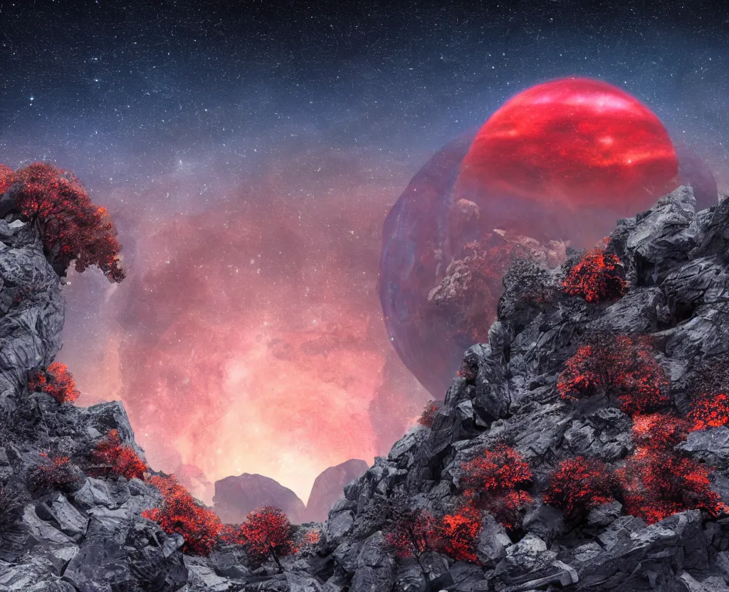 Prompt: A rocky valley surrounded by snow-capped mountains, nighttime, orange gas giant, red nebula, no clouds, sci-fi, photorealistic, landscape, a few trees