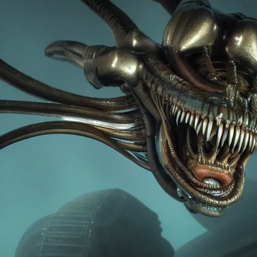 Image similar to octane render of a angry xenomorph close up under water swimming towards the camera, beautiful, god rays, by h. r. giger and seb mckinnon