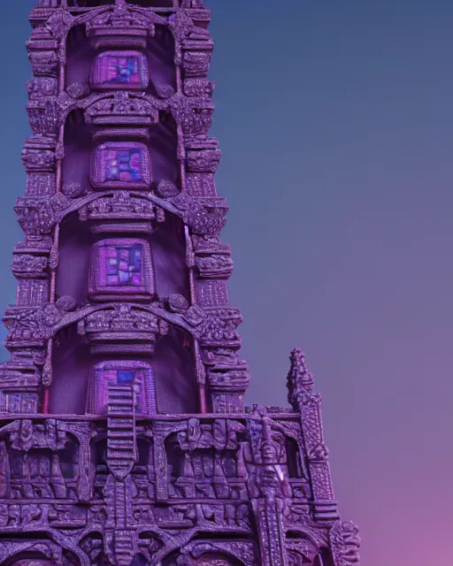 Prompt: detailed painting giant intricate tower structure carved out of complex bone with royal purple gems rendered in cinema 4 d octane
