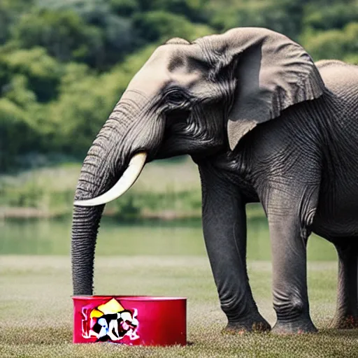 Image similar to a photo of an elephant drinking a giant red bull