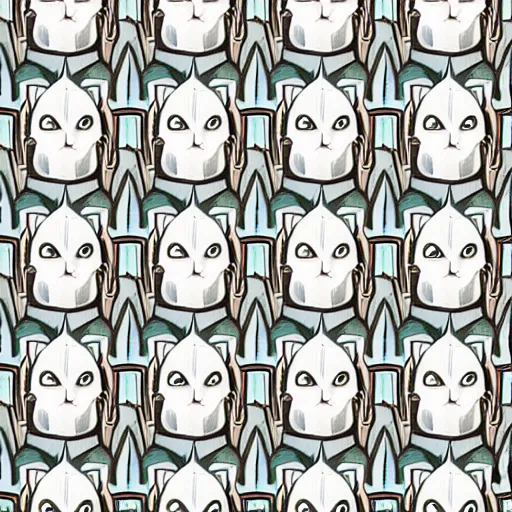 Prompt: drawing realistic stylized cute smiling cats in the style of art deco in a repeating pattern. symmetric. detailed. hd