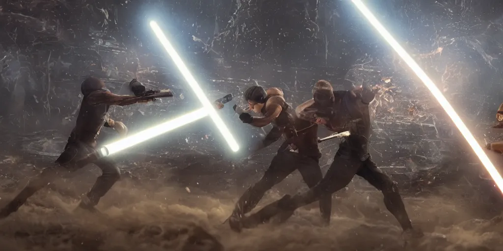 Image similar to epic lightsaber battle, volumetric lighting, hyper realistic, octane render