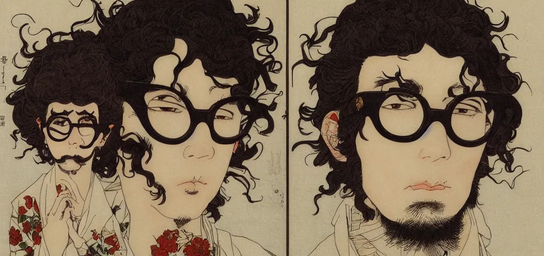 Prompt: white boy with brown hair and glasses in the style of Takato Yamamoto