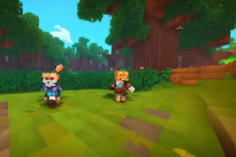 Image similar to Hytale Gameplay, Kweebec running through a forest, depth of field shot