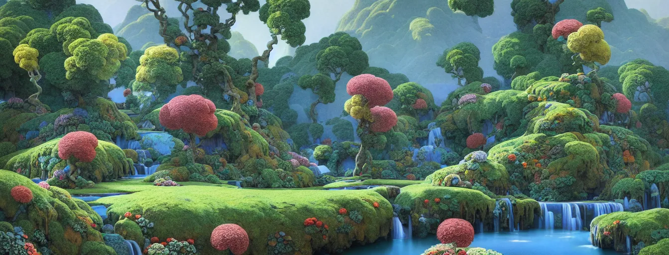 Image similar to a gorgeous very early spring series of lush islands separated by flower - lined streams, twisted gardens, painting by barlowe wayne maxfield parrish and marco mazzoni. tree no leaf!!!! china mountain village!! grey blue and very little light verdancy. the winding stone steps. ultra clear detailed. 3 d, octane render. turbulent blood lake.