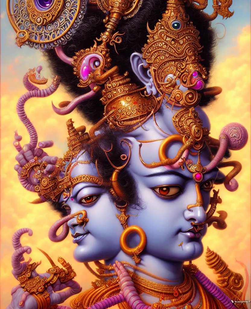 Image similar to beautiful hindu god romantic krishna fantasy character portrait, close - up, headshot, ultra realistic, intricate details, the fifth element artifacts, highly detailed by peter mohrbacher, hajime sorayama, wayne barlowe, boris vallejo, aaron horkey, gaston bussiere, craig mullins