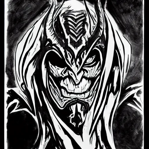 Image similar to illidan stormrage engraving, ink, black and white