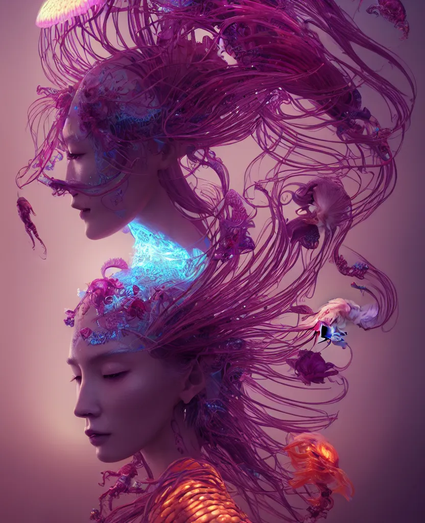 Image similar to goddess close-up portrait. chimera orchid jellyfish phoenix head, nautilus, skull, betta fish, bioluminiscent creatures, intricate artwork by Tooth Wu and wlop and beeple. octane render, trending on artstation, greg rutkowski very coherent symmetrical artwork. cinematic, hyper realism, high detail, octane render, 8k