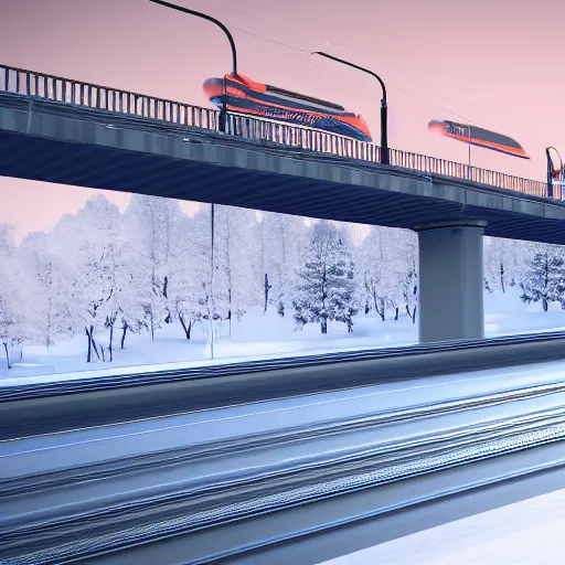 Image similar to desktop wallpaper of a bullet train riding over a bridge through a cold snowy landscape, trending on artstation