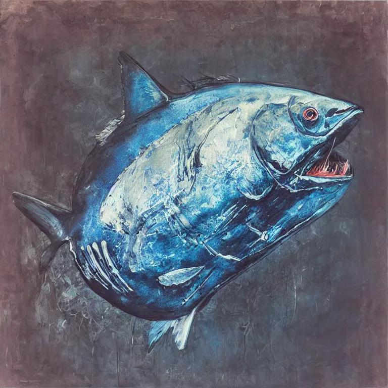 Prompt: Hyperrealistic Studio wet collodion Photograph portrait of a deep sea bluefin Tuna deep underwater in darkness, award-winning nature deep sea expressionistic impasto heavy brushstrokes oil painting by Cy Twombly and Tim Hawkinson vivid colors hyperrealism 8k